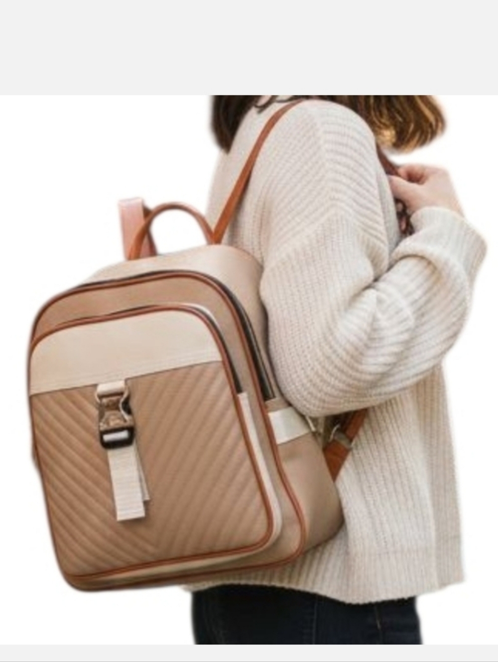 Double zip Square Top Tan and Cream backpack purse